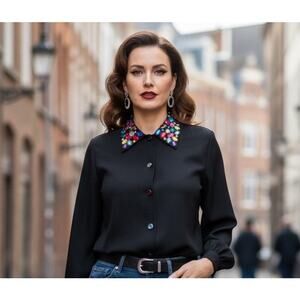 Vintage 90's Alexandria Petites Faux Gemstone Studded Mobwife Glam Blouse